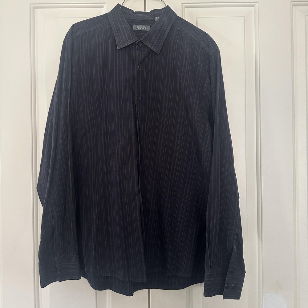 Kenneth Cole Reaction Shirt Men XL Black Gray Pinstripe Dress Long Sleeve Button